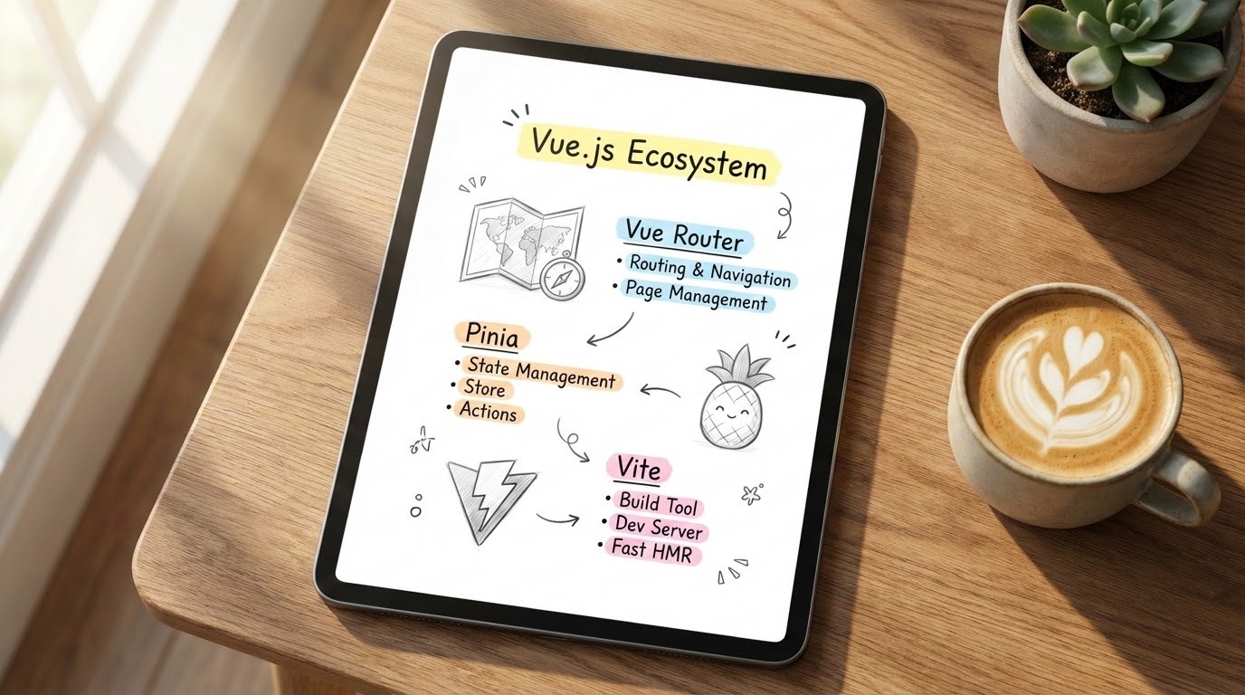 Aesthetic study notes about Vue.js Ecosystem on an iPad screen