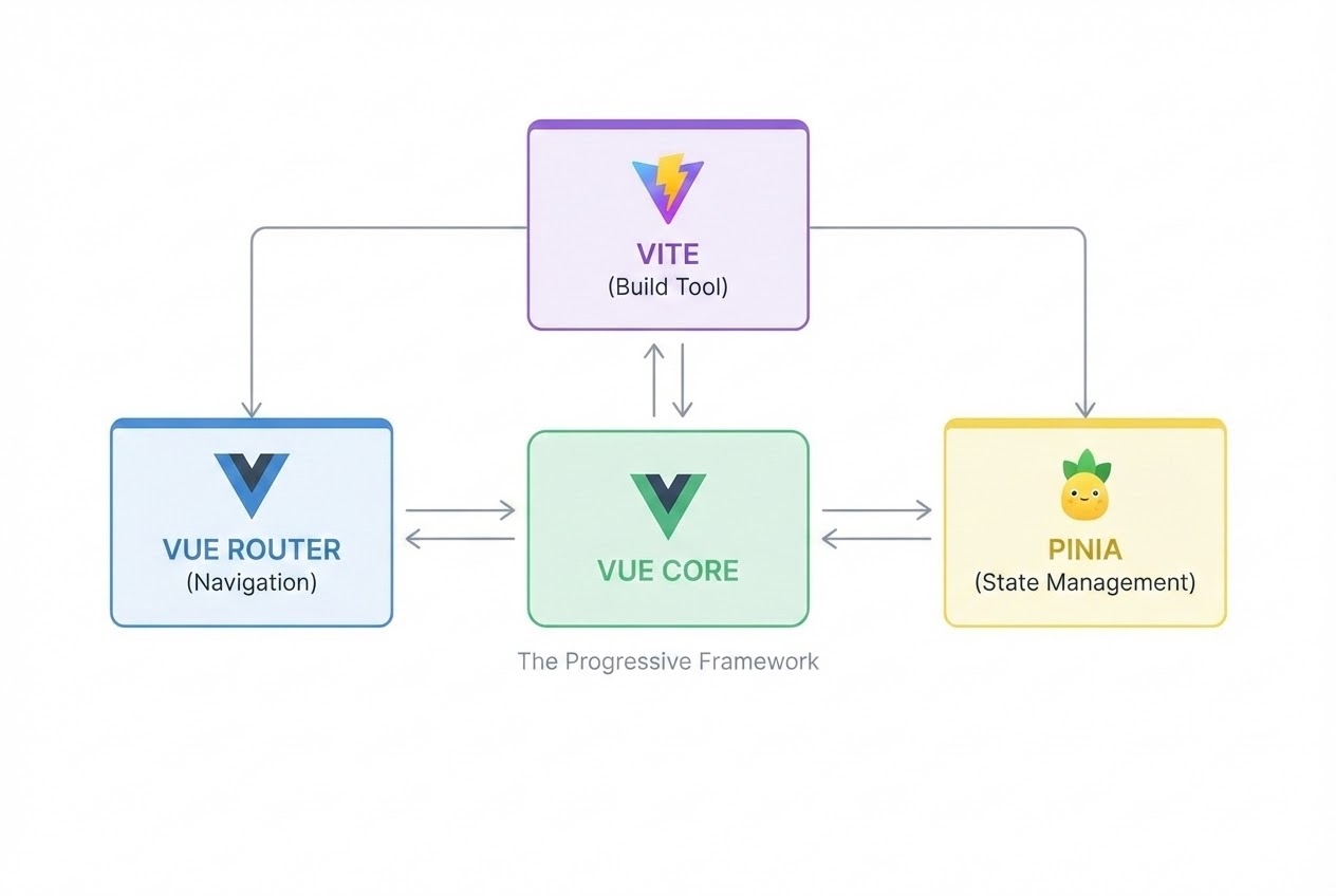Diagram showing the Vue.js ecosystem architecture featuring Vue Core, Vite, Vue Router, and Pinia