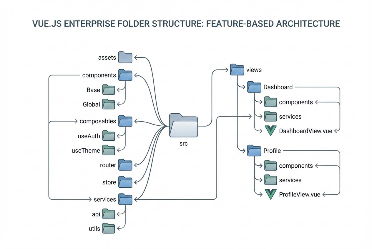 Diagram showing Enterprise Vue.js folder structure illustrating Feature-based architecture