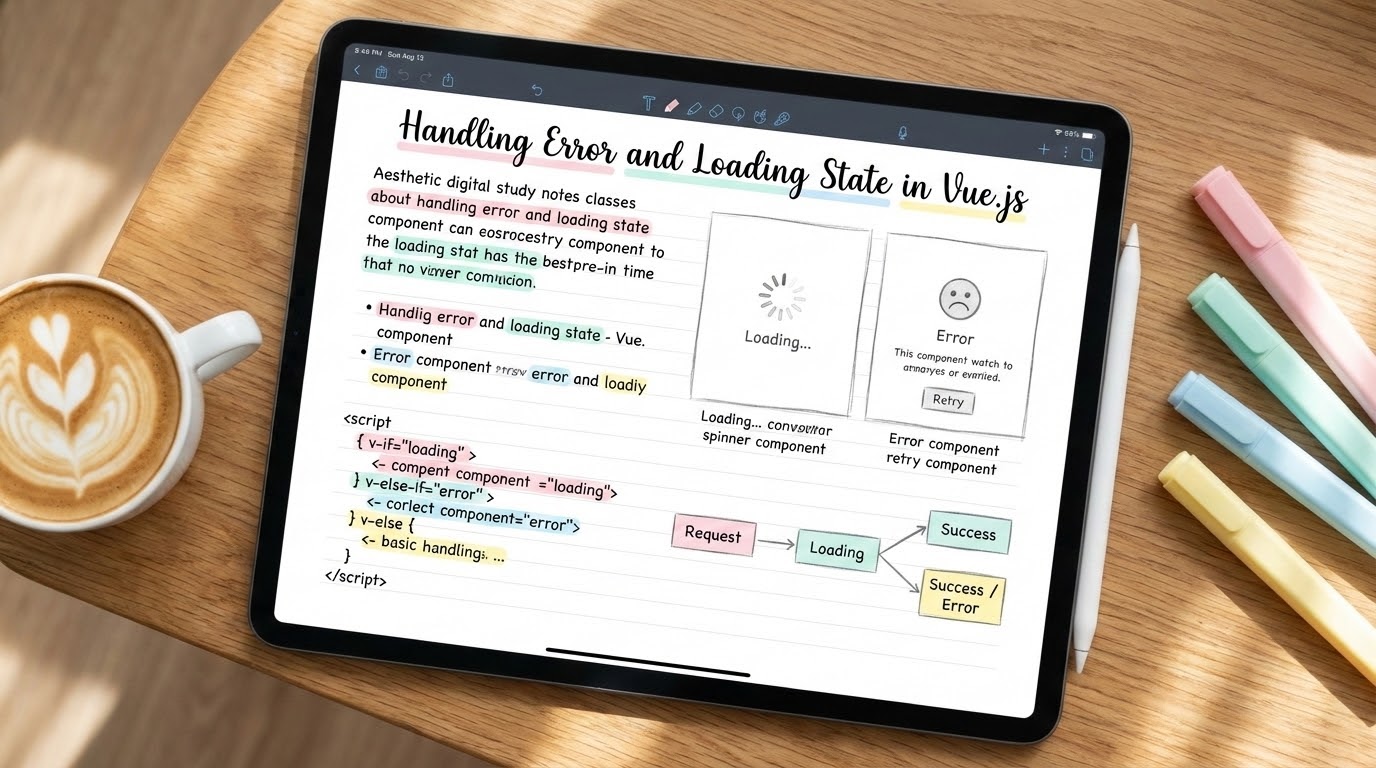 Aesthetic study notes about Handling Error and Loading State in Vue.js on an iPad screen
