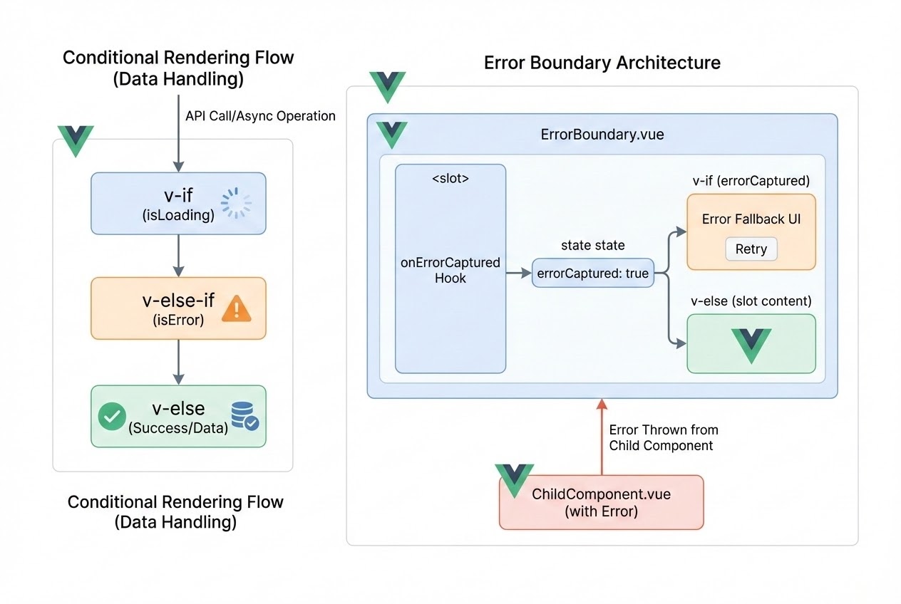 Diagram showing Vue.js Error Boundary architecture and Conditional Rendering flow