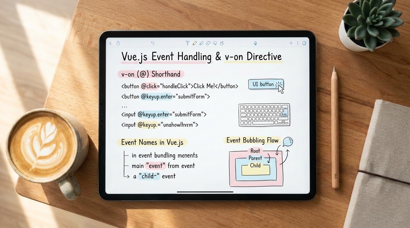 Aesthetic study notes about Event Handling and v-on directive in Vue.js on an iPad screen