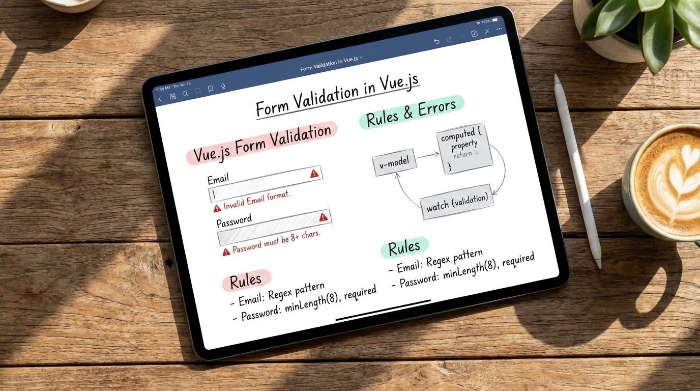 Aesthetic study notes about Form Validation in Vue.js on an iPad screen
