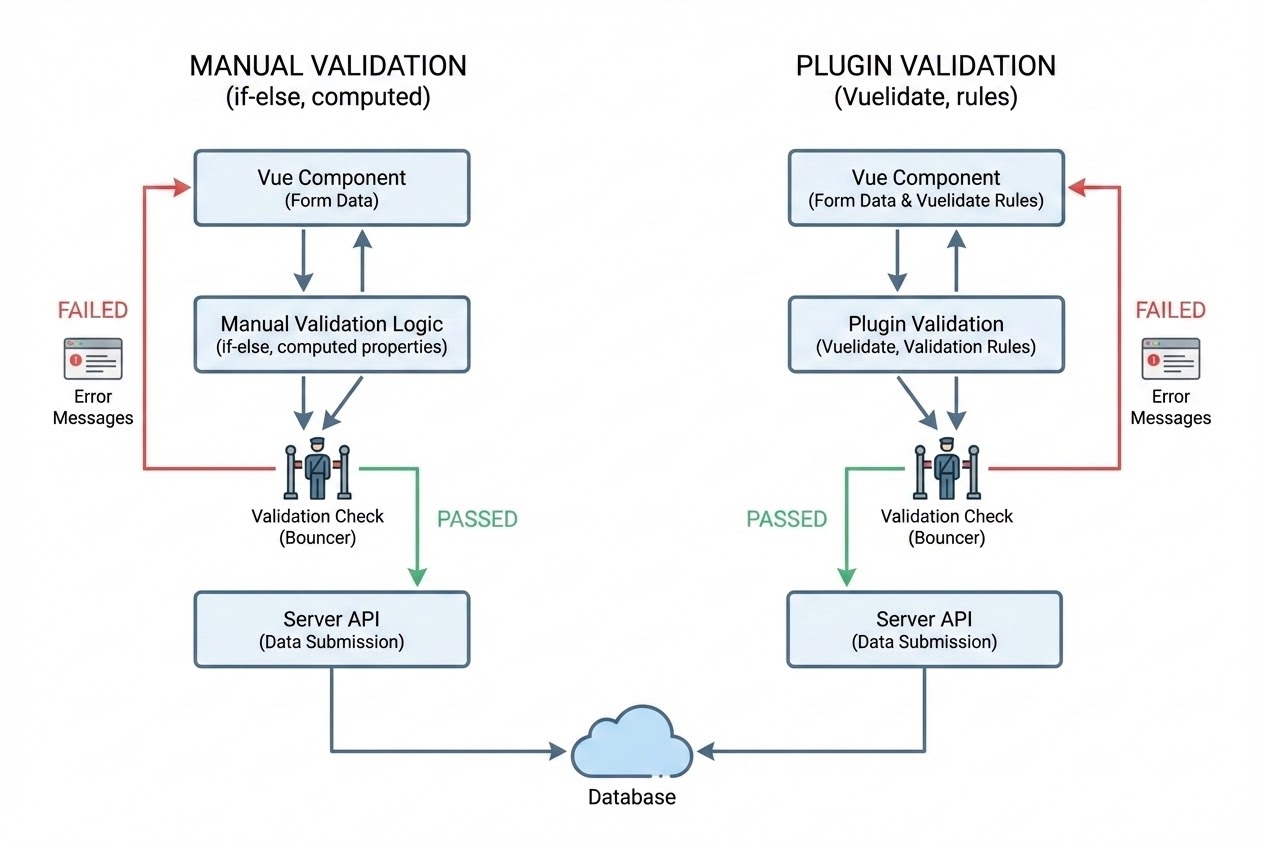 Diagram showing the Form Validation flow in Vue comparing Manual Validation versus Plugin Validation