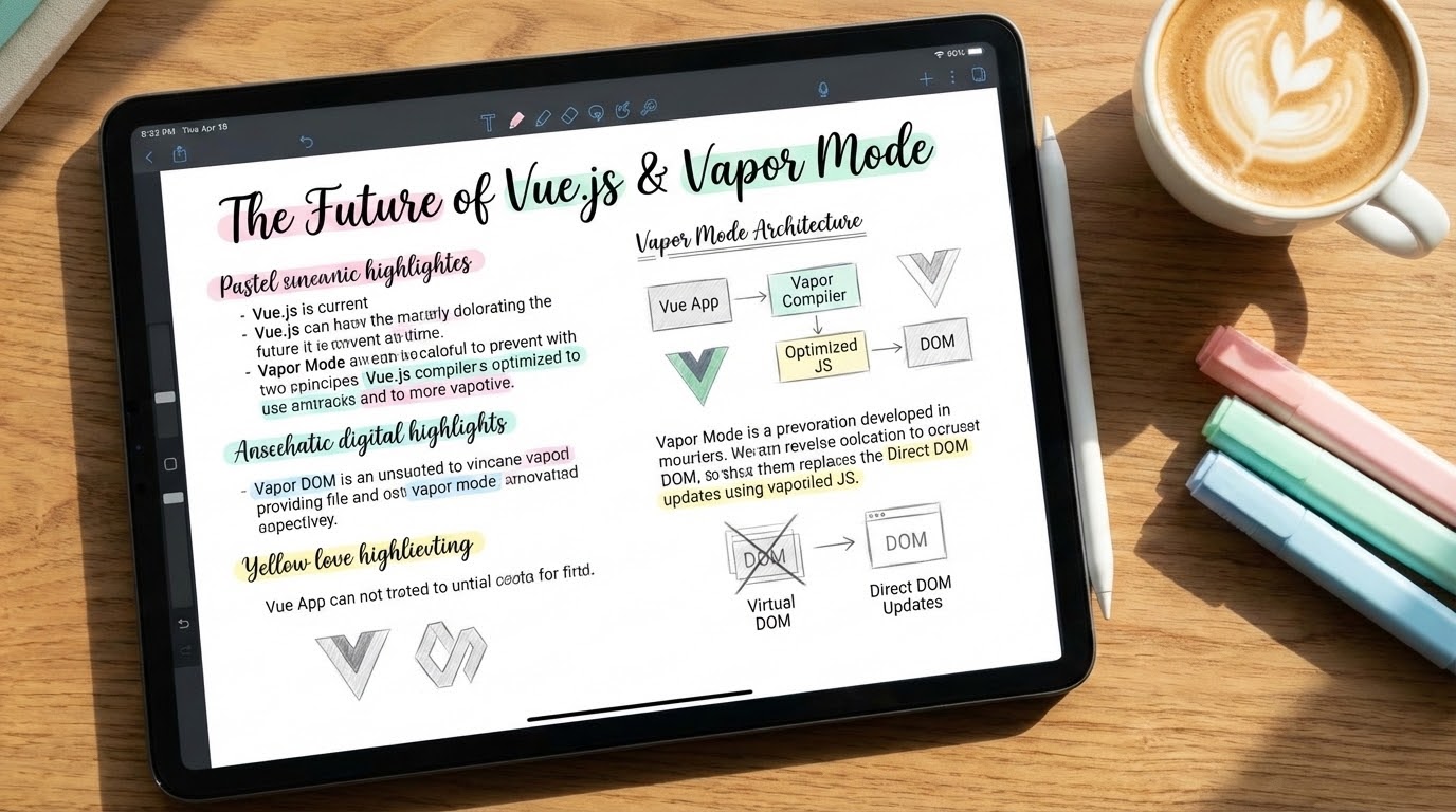 Aesthetic study notes about the future of Vue.js and Vapor mode on an iPad screen