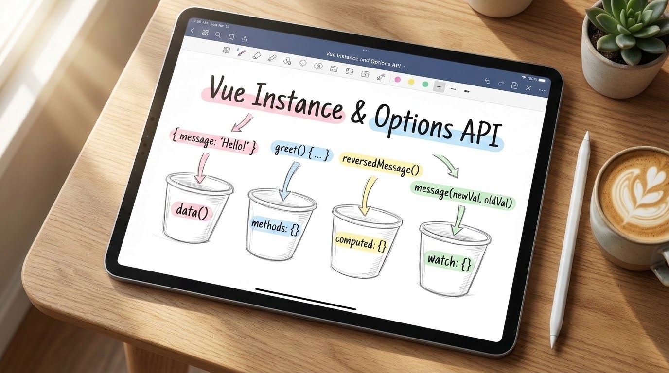 Aesthetic study notes about Vue Instance and Options API on an iPad screen