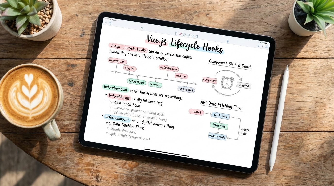 Aesthetic study notes about Vue.js Lifecycle Hooks on an iPad screen