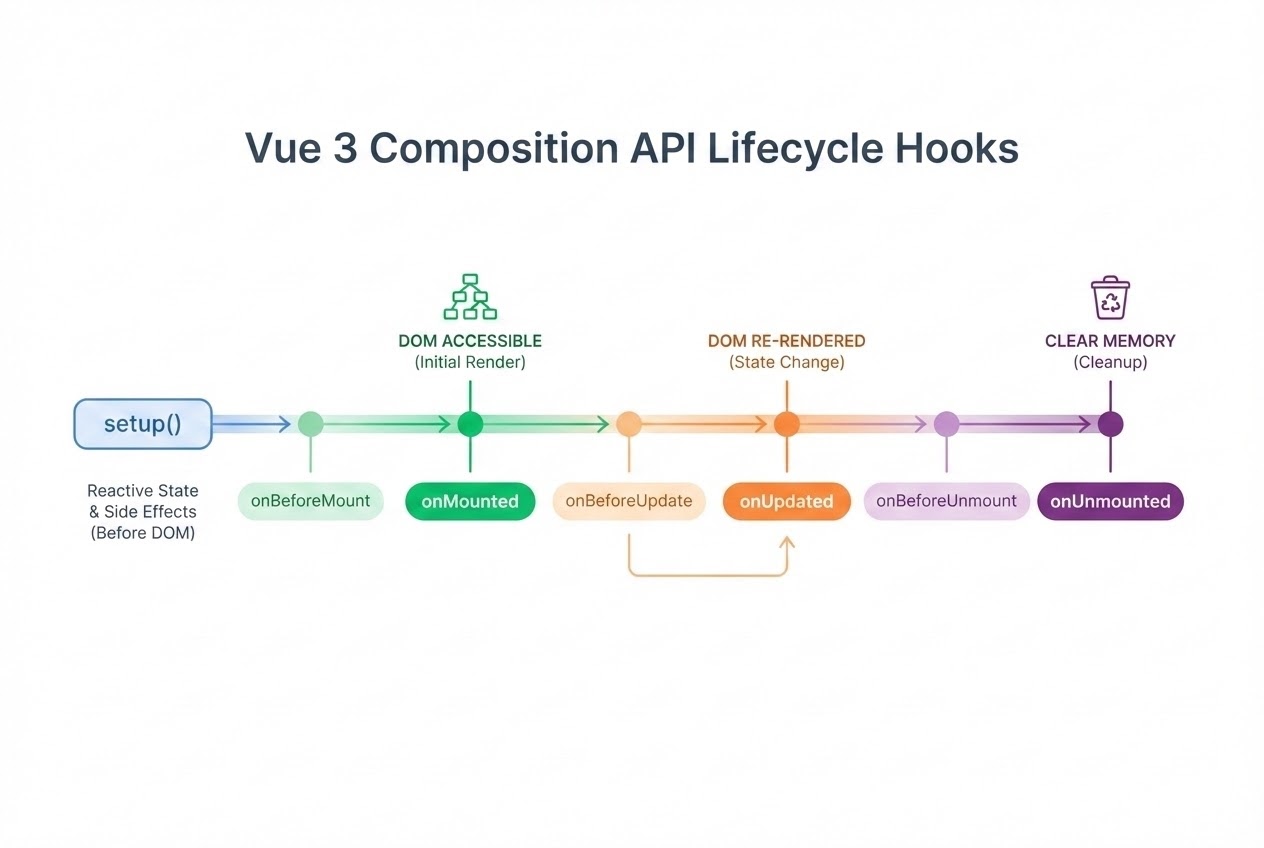 Diagram showing the Vue 3 Composition API Lifecycle Hooks timeline