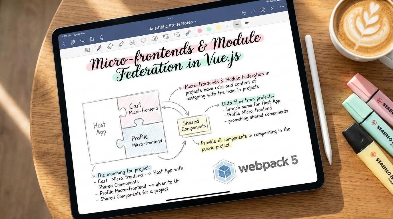 Aesthetic study notes about Micro-frontends and Module Federation in Vue.js on an iPad screen