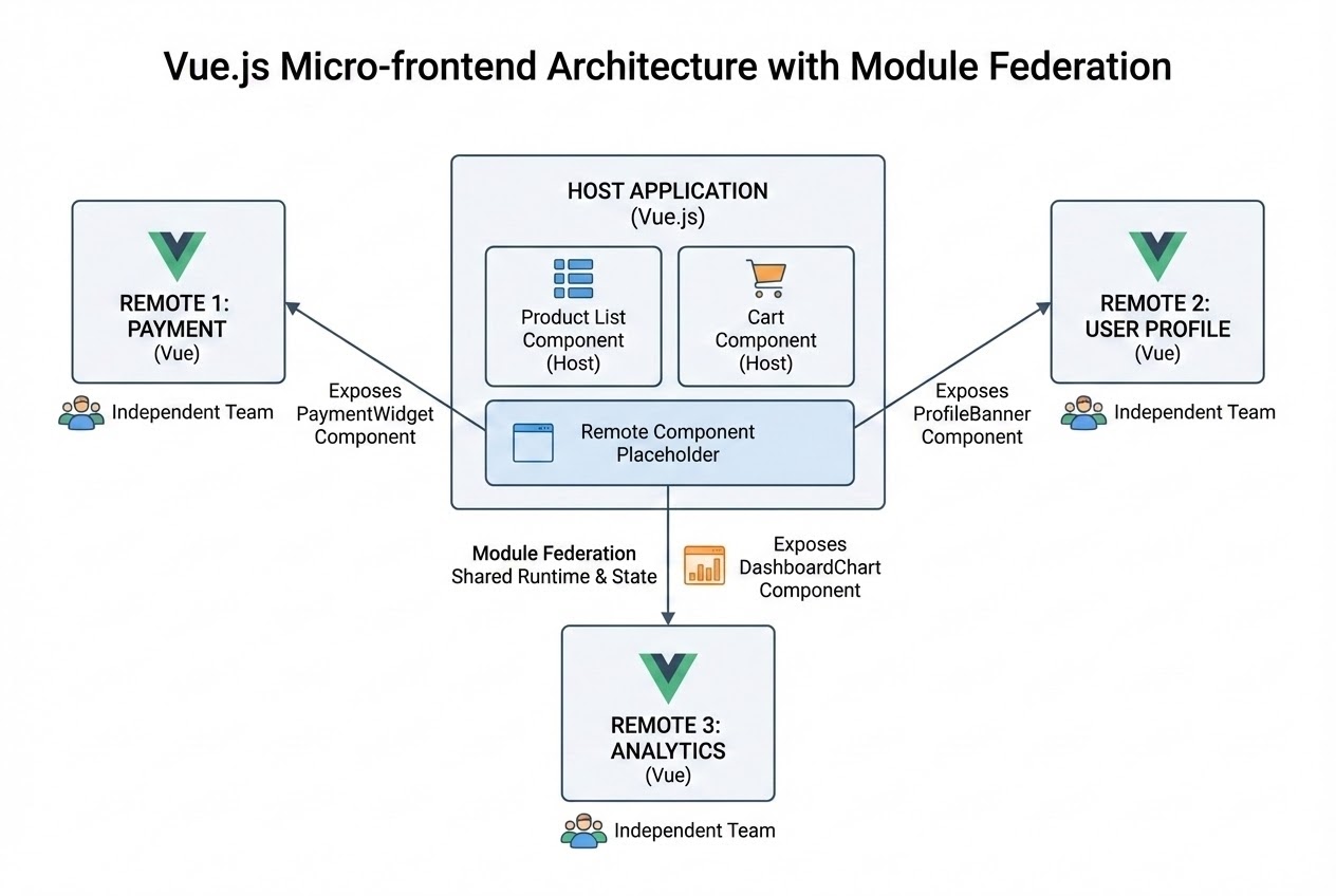 Diagram showing Micro-frontend architecture with Module Federation in Vue.js