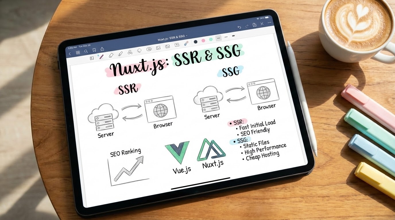 Aesthetic study notes about Nuxt.js, SSR, and SSG on an iPad screen