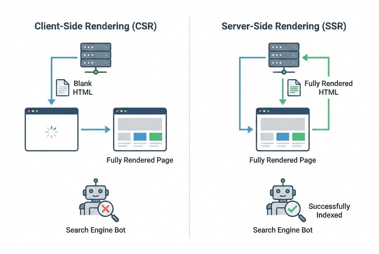 Diagram showing the difference between Client-Side Rendering (CSR) and Server-Side Rendering (SSR)