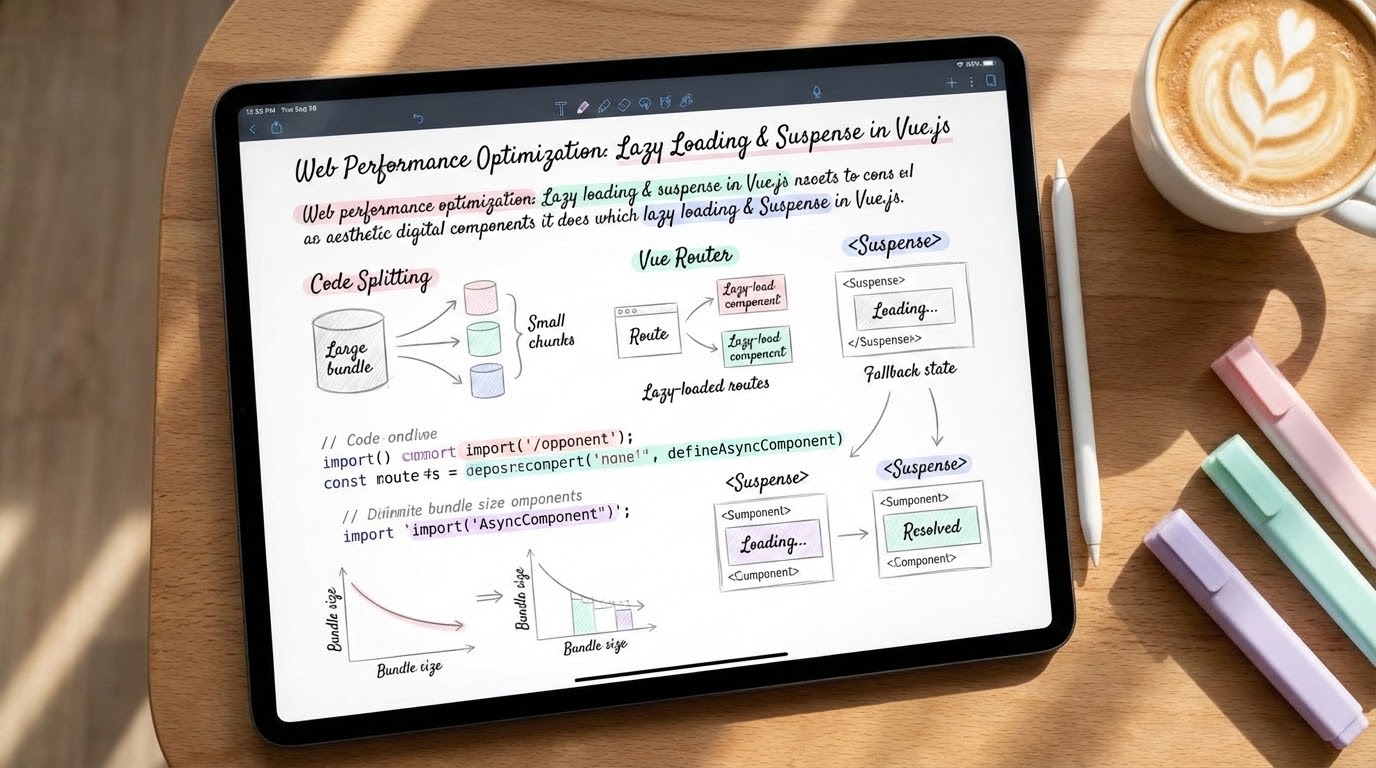 Aesthetic study notes about Web Performance Optimization Lazy Loading and Suspense on an iPad screen