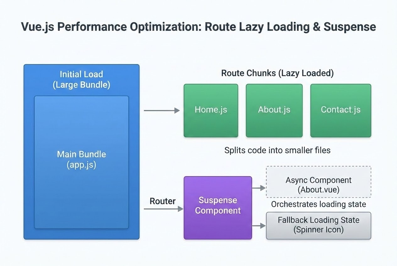 Diagram showing Vue.js Performance Optimization with Route Lazy Loading and Suspense