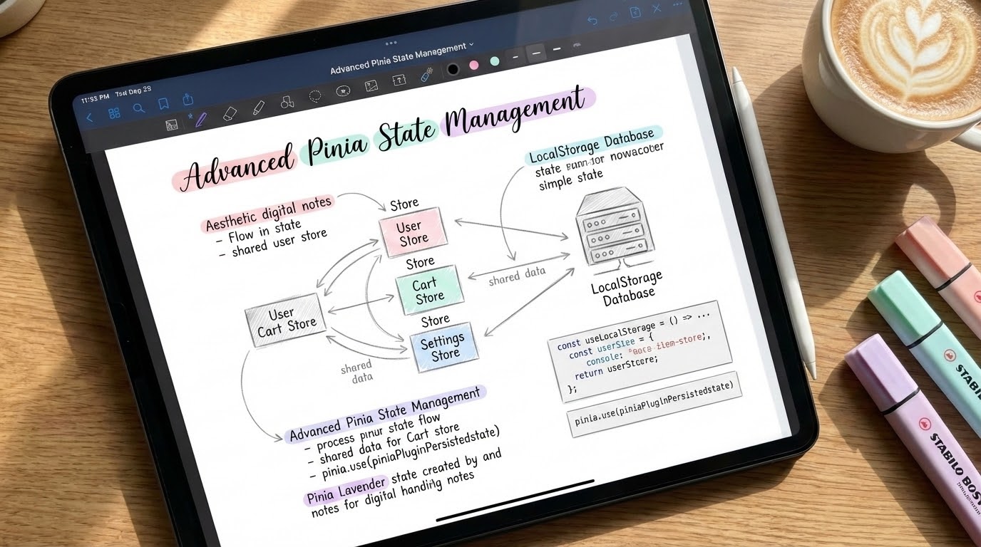 Aesthetic study notes about Advanced Pinia State Management on an iPad screen