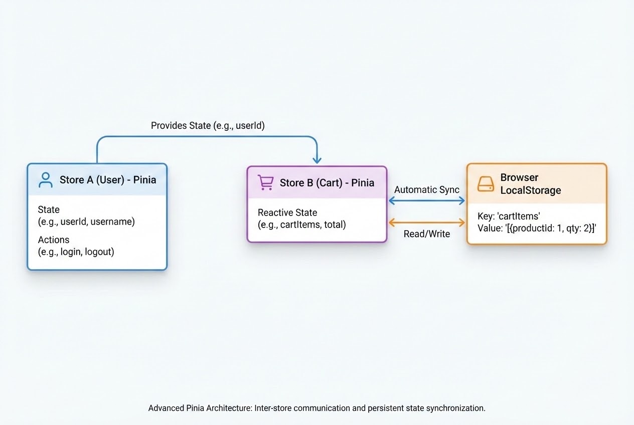Diagram showing Advanced Pinia architecture with Cross-Store Communication and LocalStorage Persistence