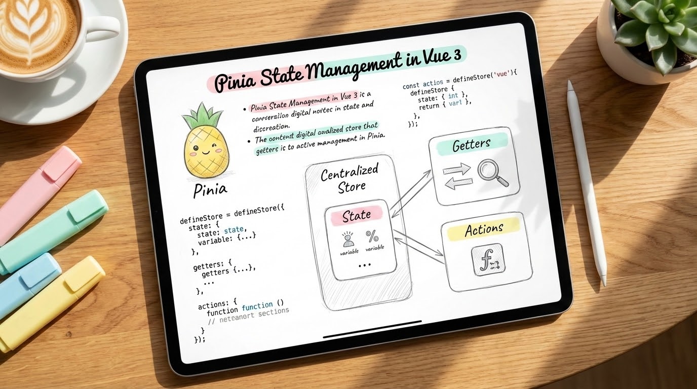 Aesthetic study notes about Pinia State Management in Vue 3 on an iPad screen