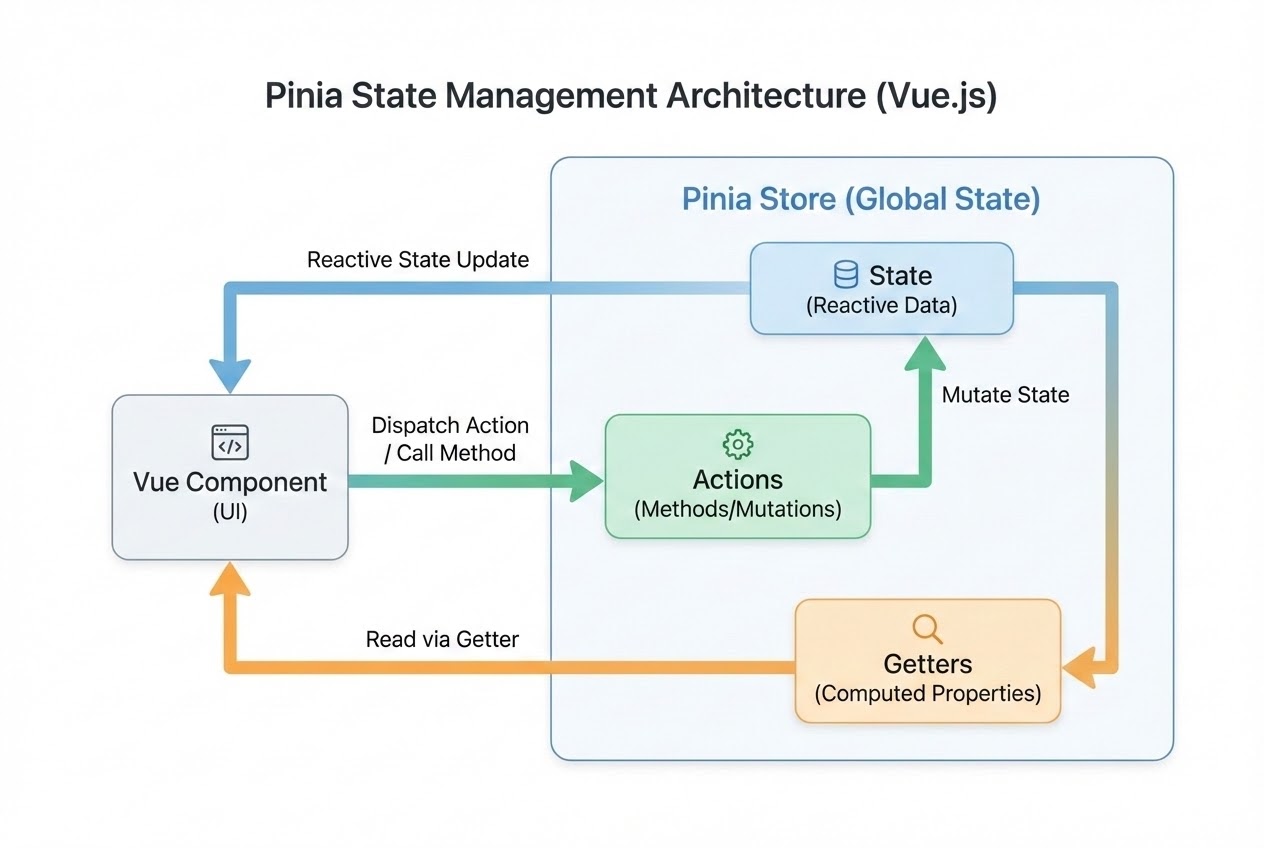 Diagram showing the Pinia state management architecture with Actions, State, and Getters