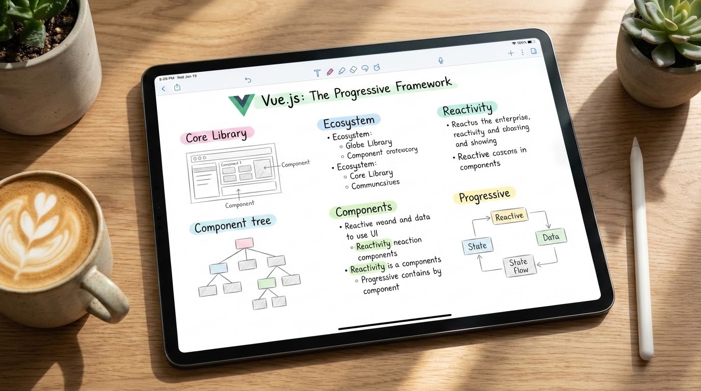 Aesthetic study notes about Progressive Framework concept in Vue.js on an iPad screen