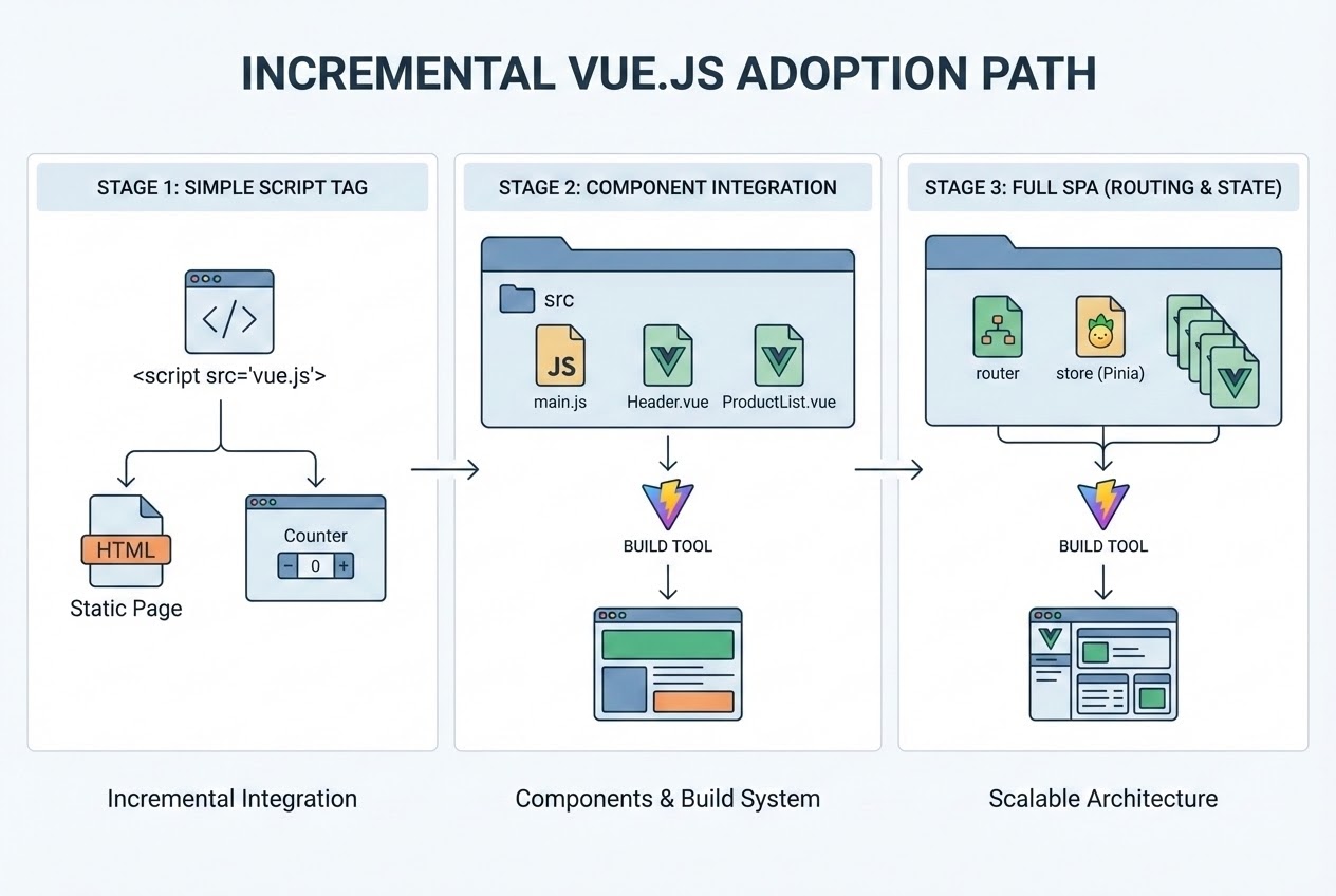 Diagram showing the incremental adoption of Vue.js
