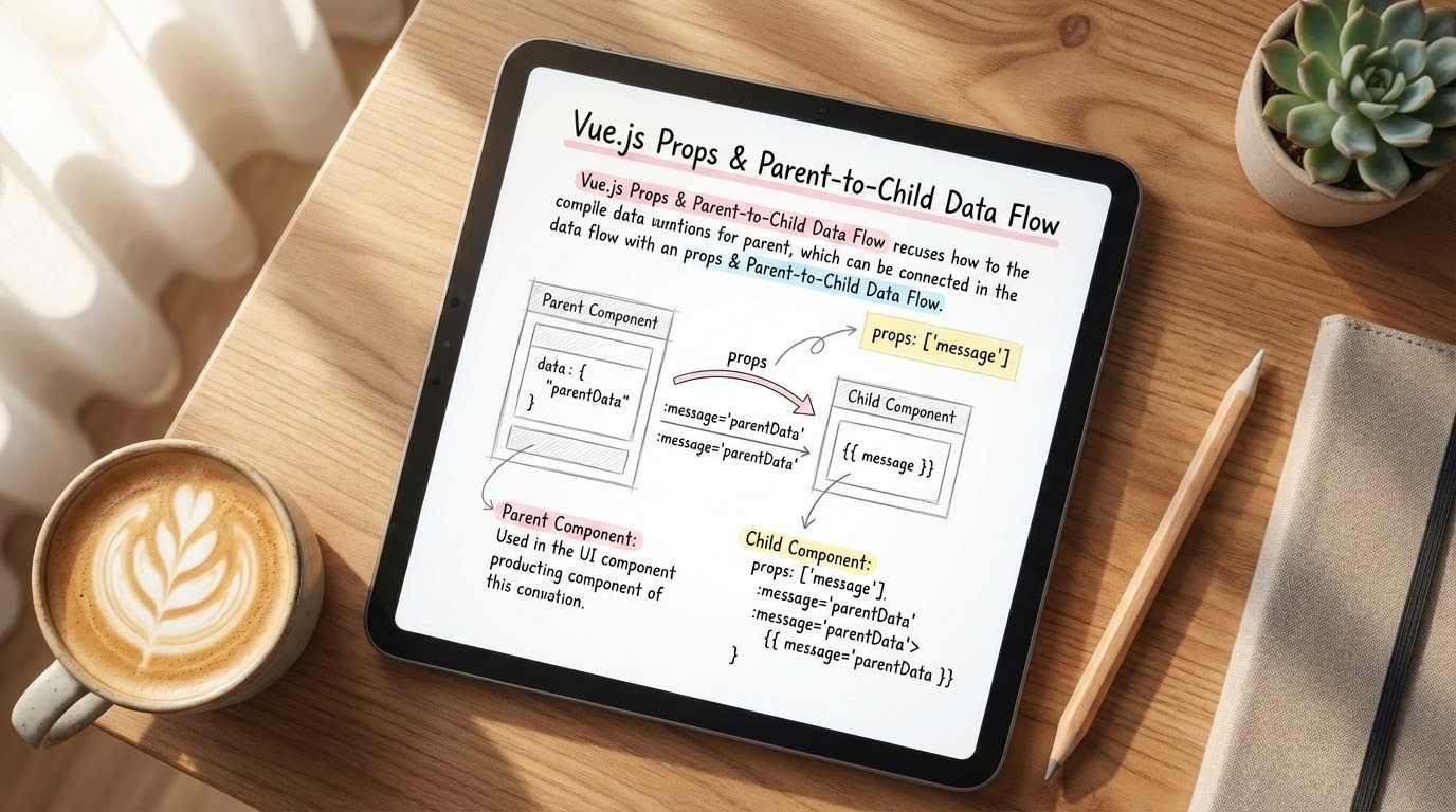 Aesthetic study notes about Vue.js Props and parent-to-child data flow on an iPad screen