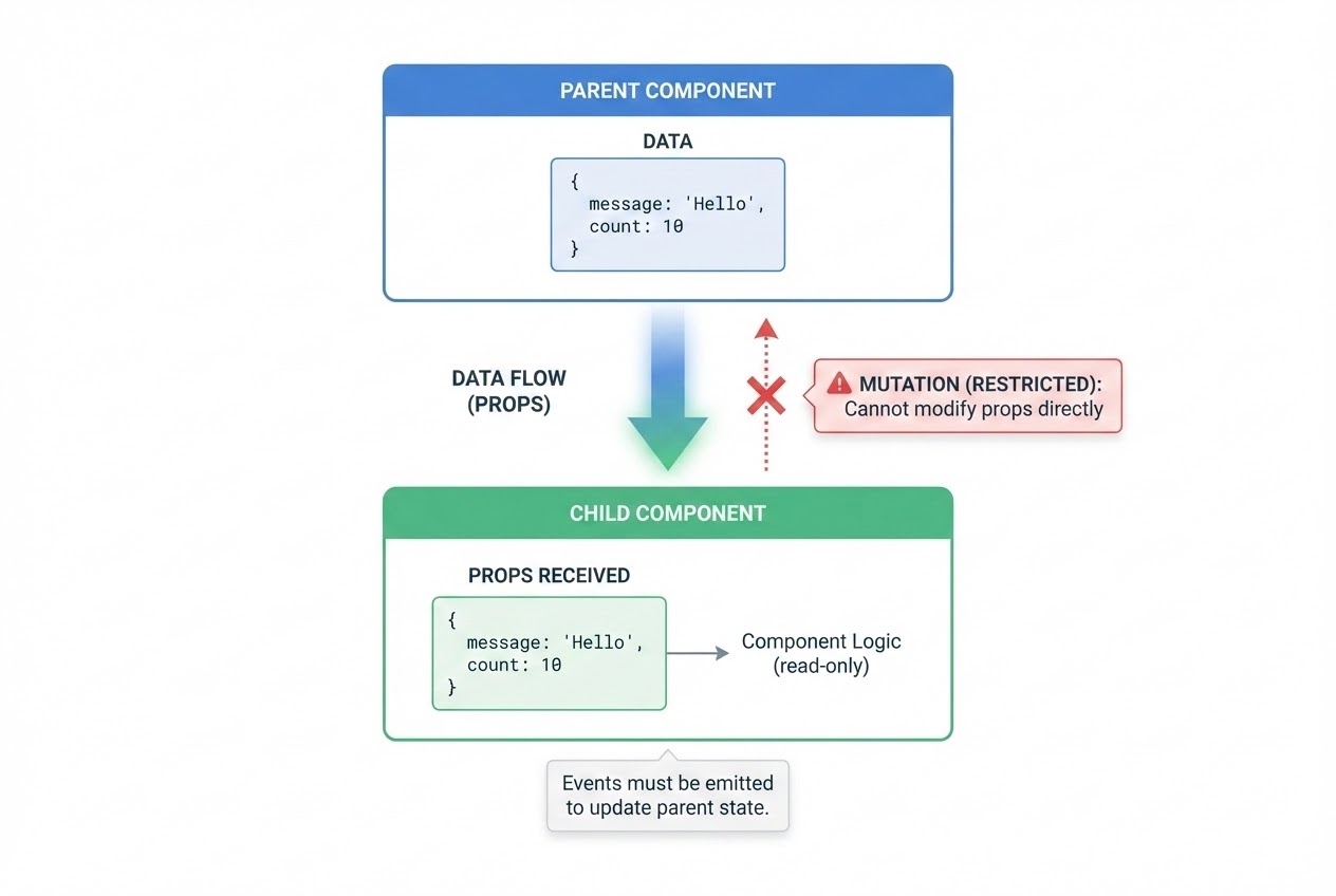Diagram showing Vue One-Way Data Flow from Parent Component passing Props down to Child Component