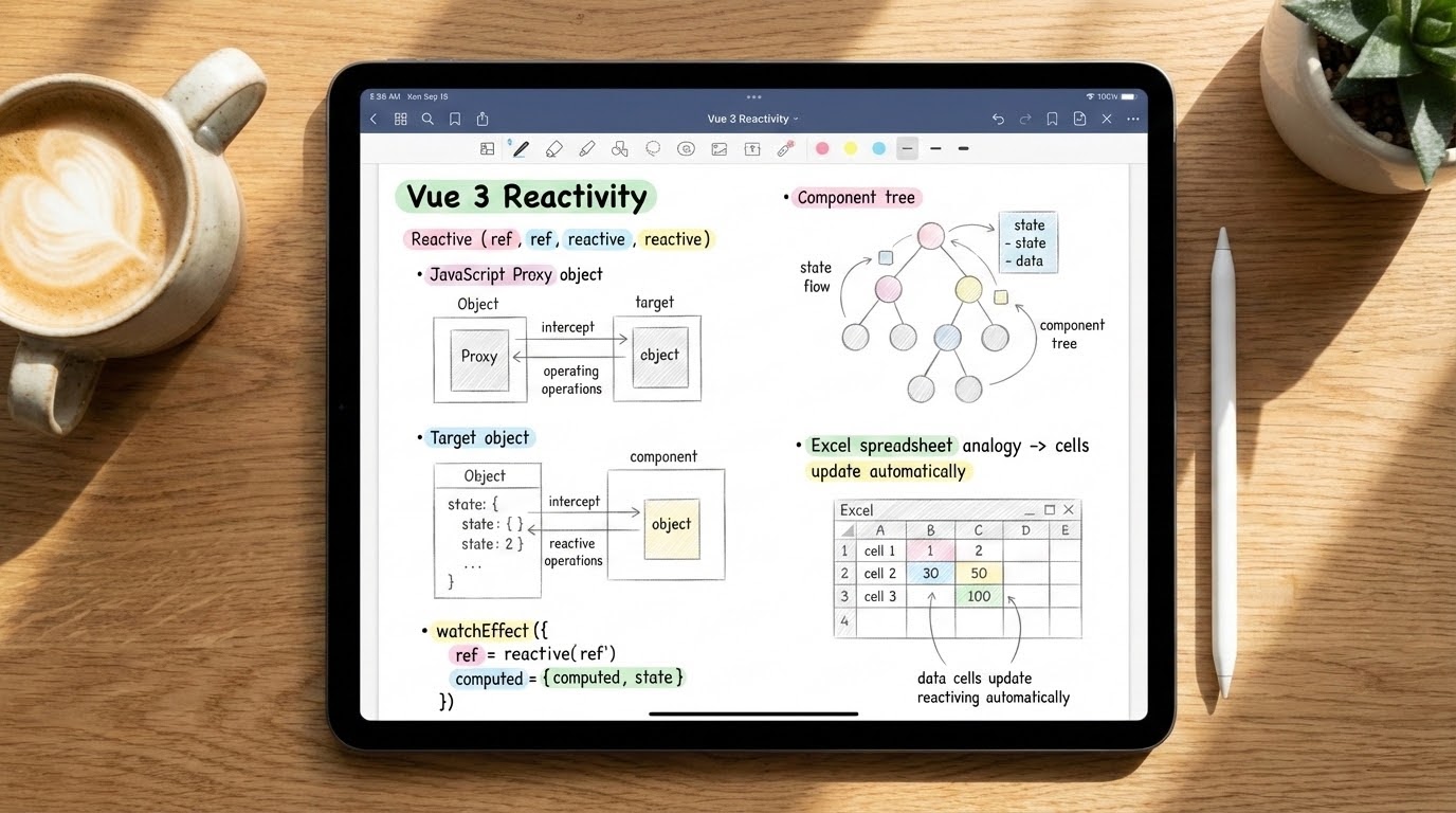 Aesthetic study notes about Reactivity in Vue 3 on an iPad screen