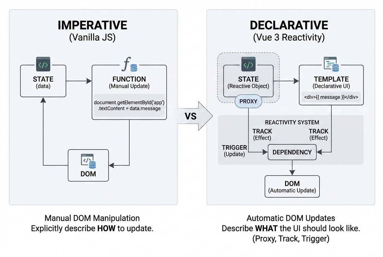 Diagram showing the comparison between Imperative programming and Declarative programming