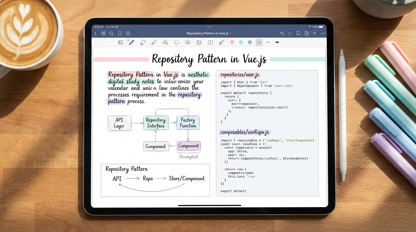 Aesthetic study notes about Repository Pattern in Vue.js on an iPad screen