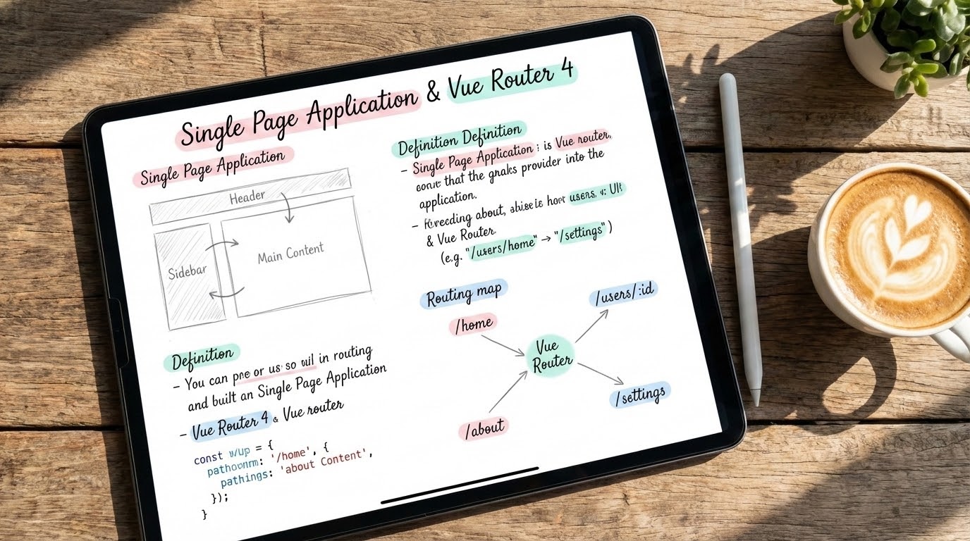 Aesthetic study notes about Single Page Application and Vue Router 4 on an iPad screen