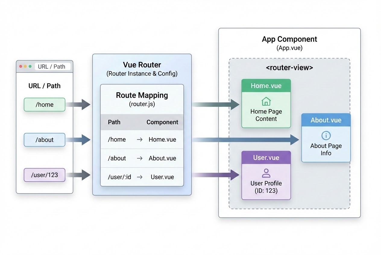 Diagram showing Vue Router architecture mapping URL paths to specific Vue components