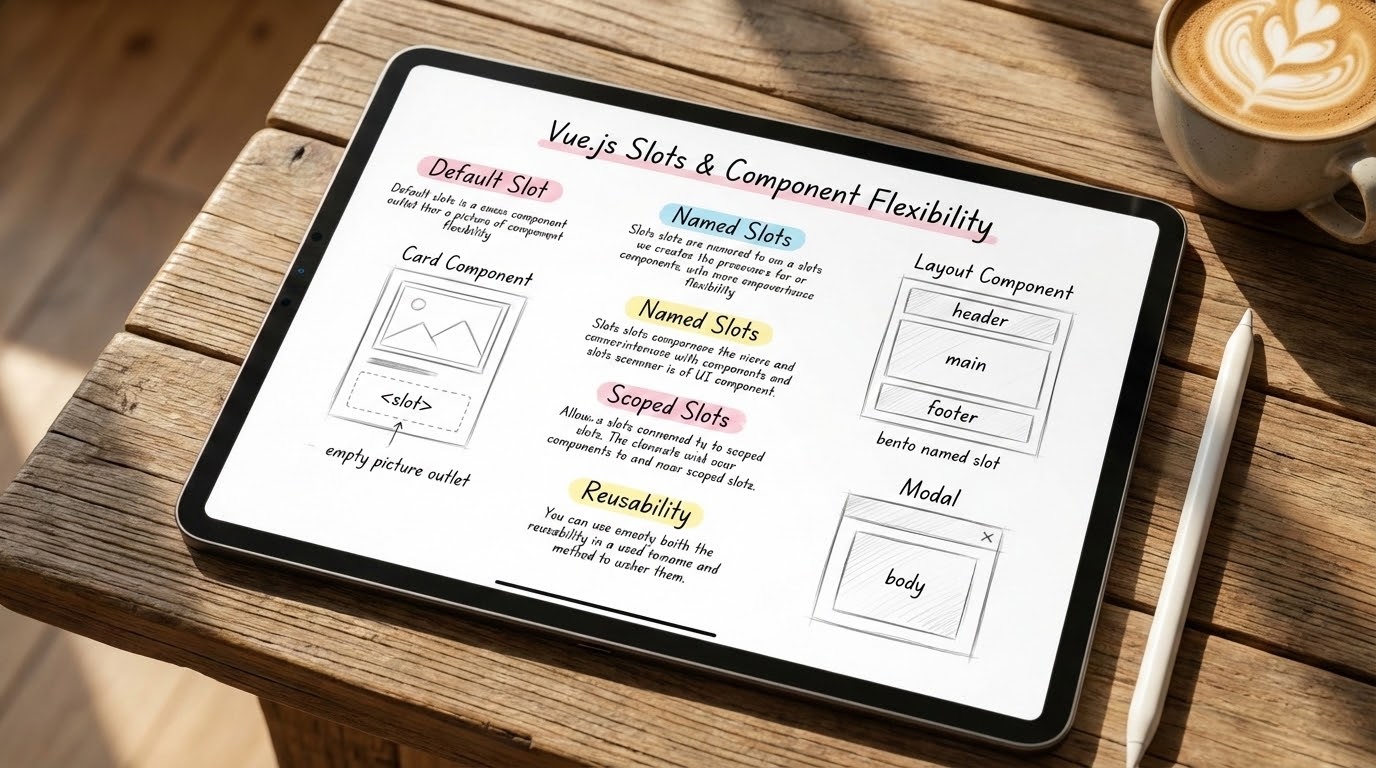 Aesthetic study notes about Vue.js Slots and Component Flexibility on an iPad screen