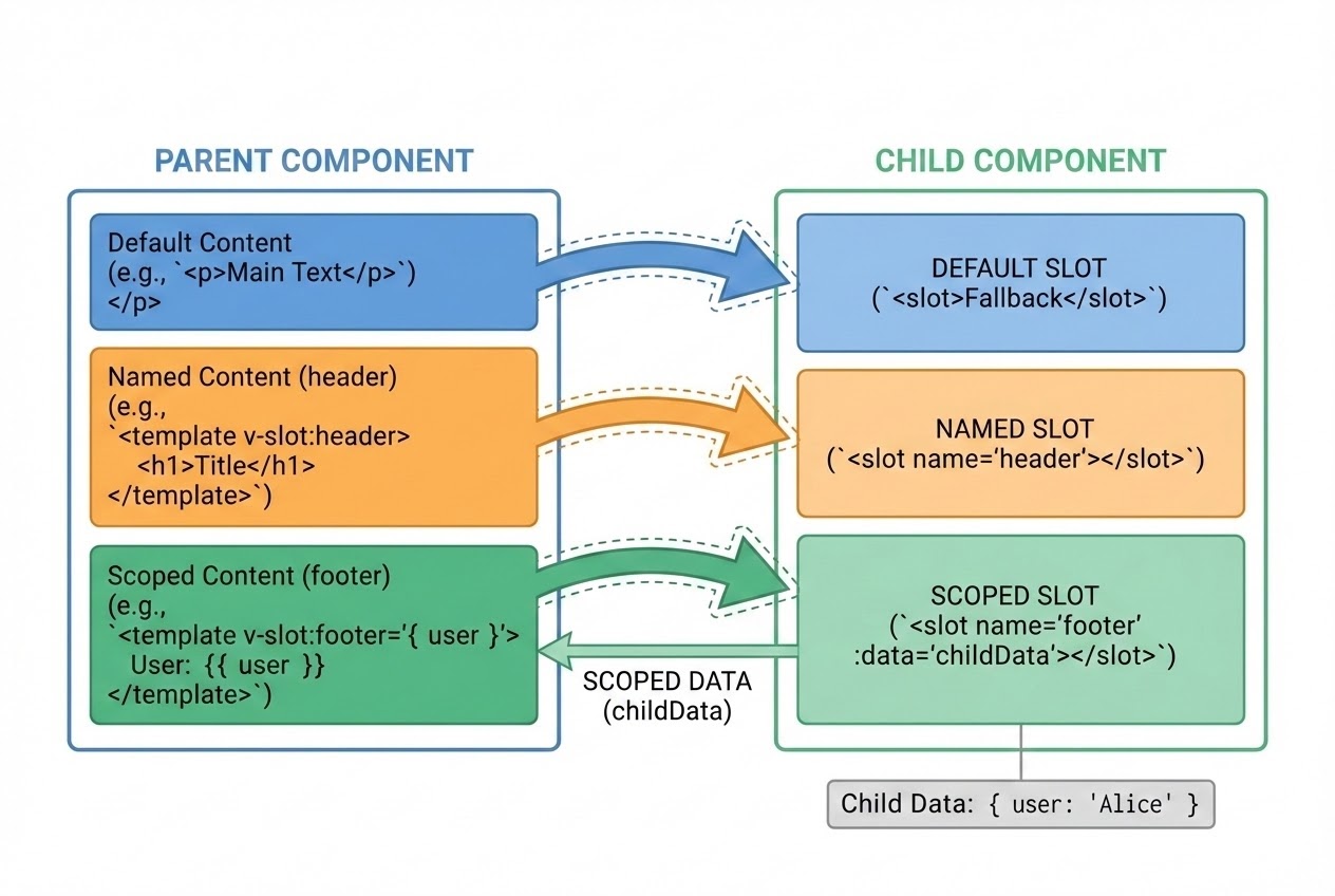 Diagram showing Vue.js Slot architecture: Default, Named, and Scoped Slots