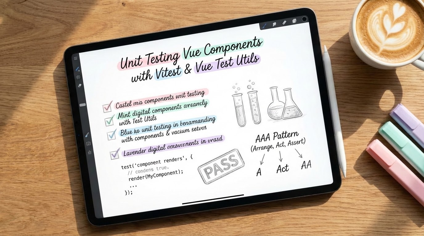 Aesthetic study notes about Unit Testing Vue components on an iPad screen