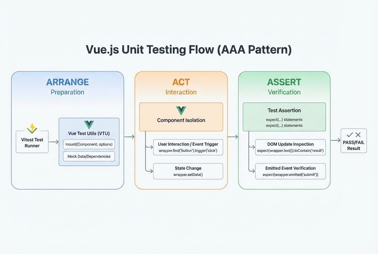 Diagram showing the Unit Testing flow using the AAA pattern with Vitest and Vue Test Utils