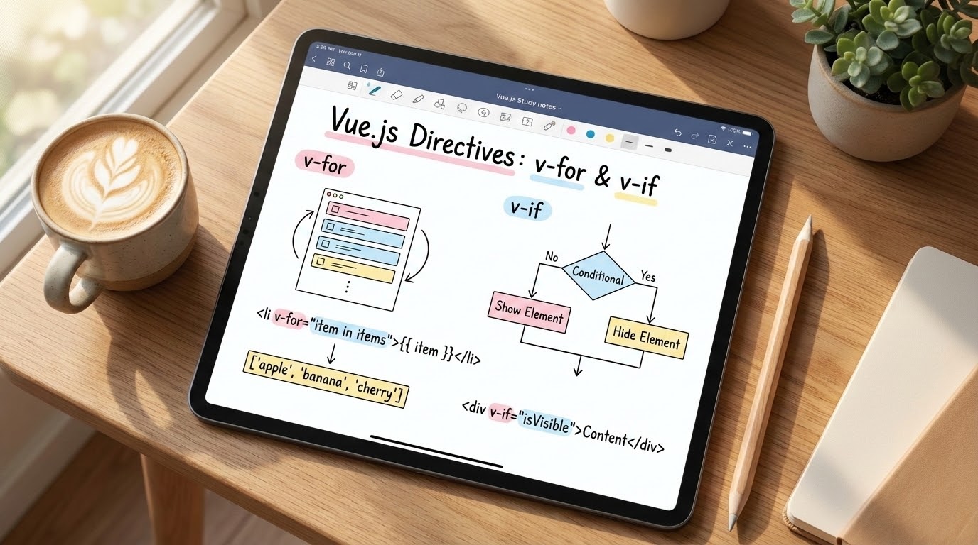 Aesthetic study notes about Vue.js v-for and v-if directives on an iPad screen