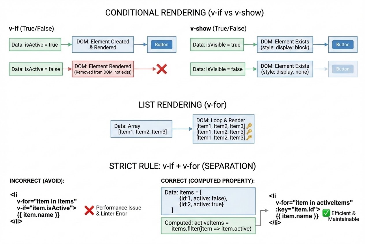 Diagram showing the rendering flow comparison between Conditional Rendering and List Rendering