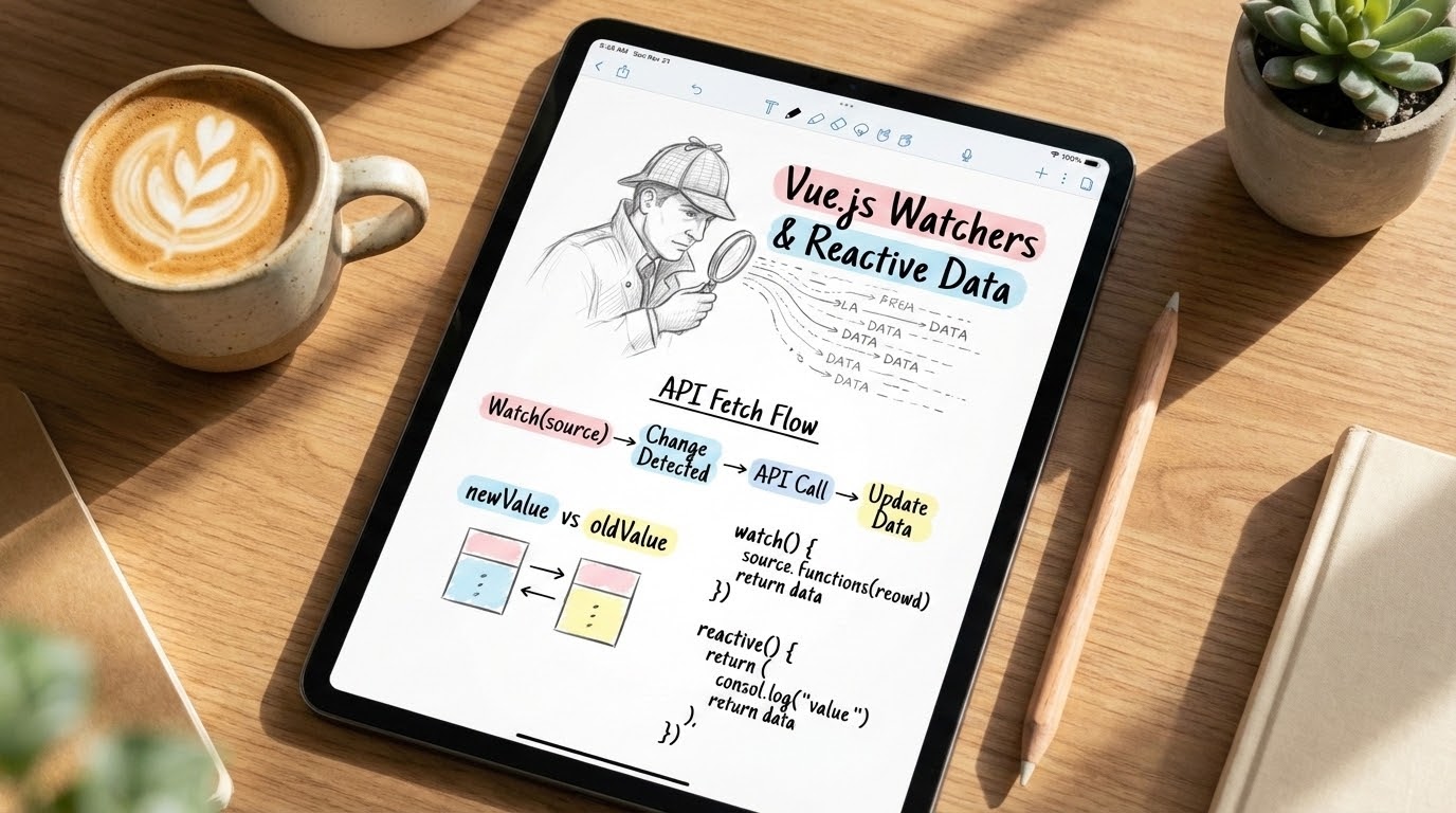 Aesthetic study notes about Vue.js Watchers on an iPad screen