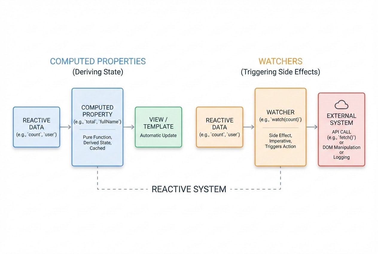 Diagram showing the difference between Computed Properties and Watchers