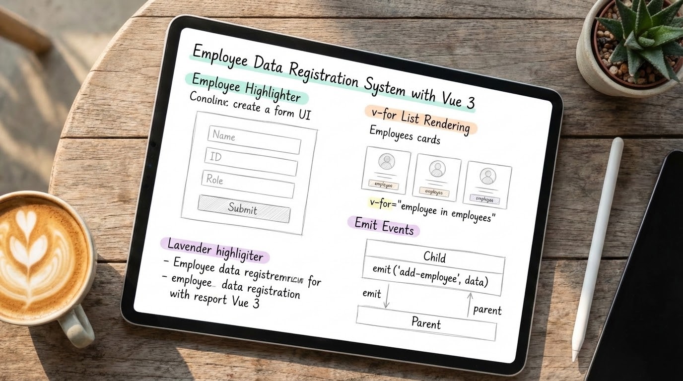 Aesthetic study notes about Employee Data Registration System with Vue 3 on an iPad screen