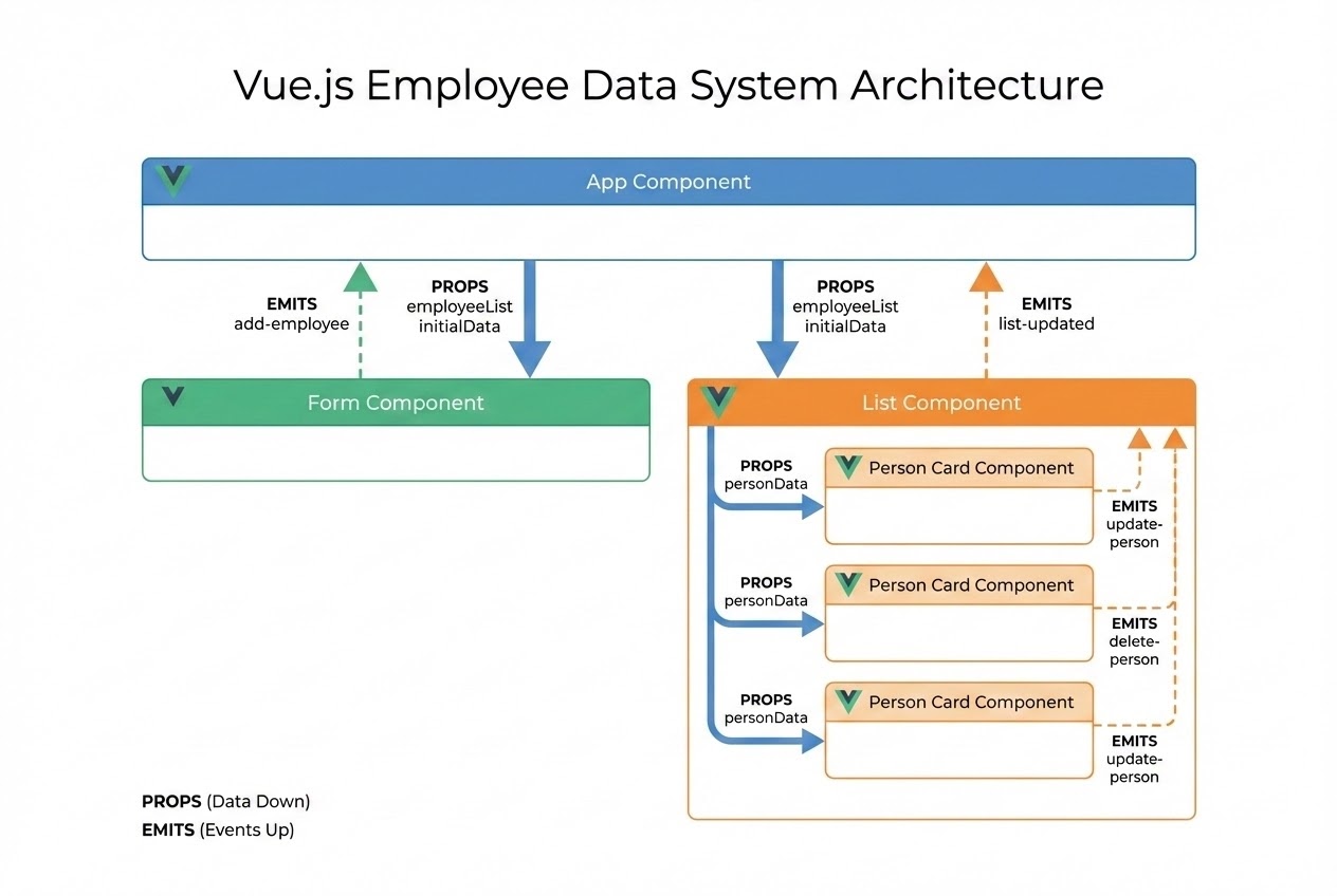 Diagram showing Vue.js component architecture for an Employee Data System