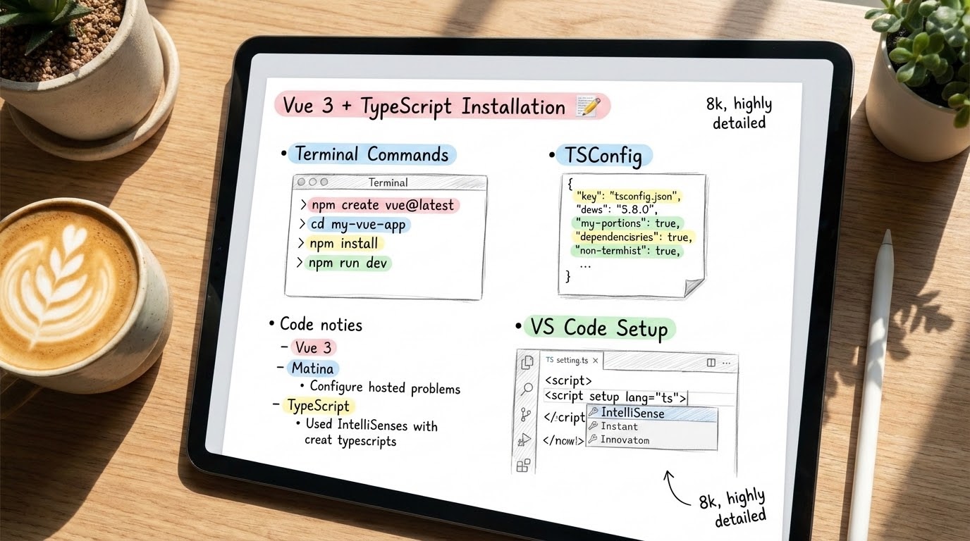 Aesthetic study notes about Vue 3 and TypeScript Installation on an iPad screen