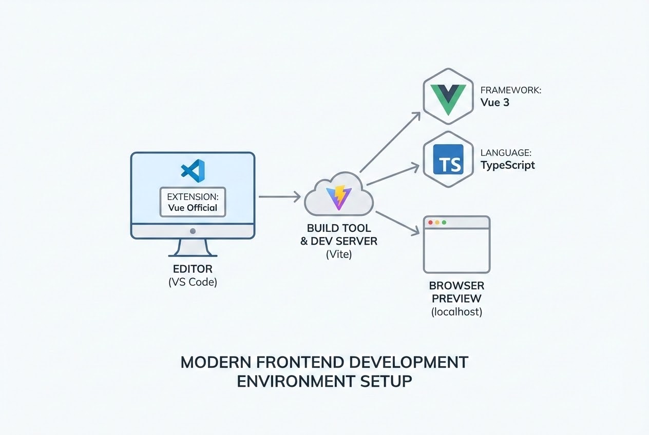 Modern frontend development environment setup featuring Vue 3, TypeScript, Vite, and VS Code