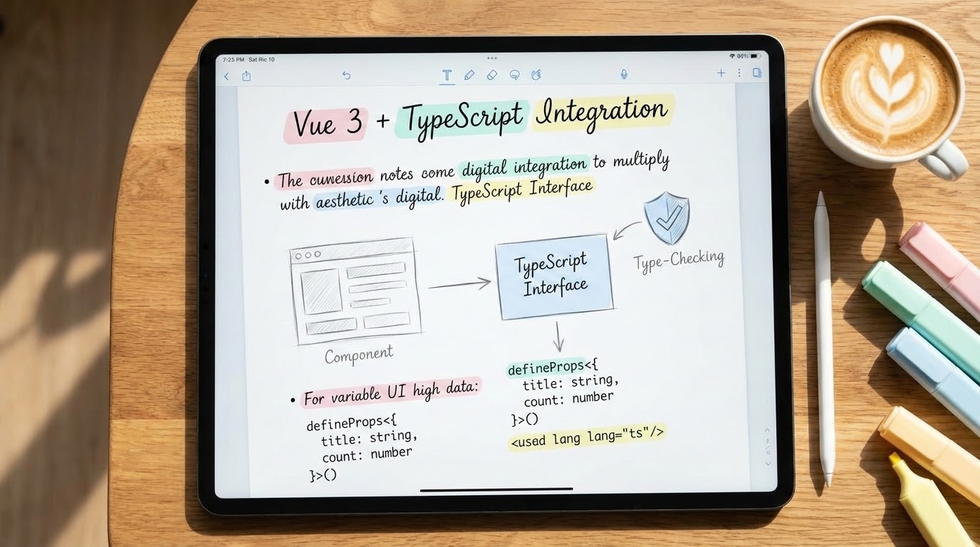 Aesthetic study notes about Vue 3 and TypeScript integration on an iPad screen