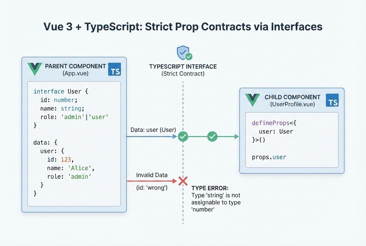 Diagram showing the architecture of a Vue 3 application using TypeScript Interfaces for Props and Data