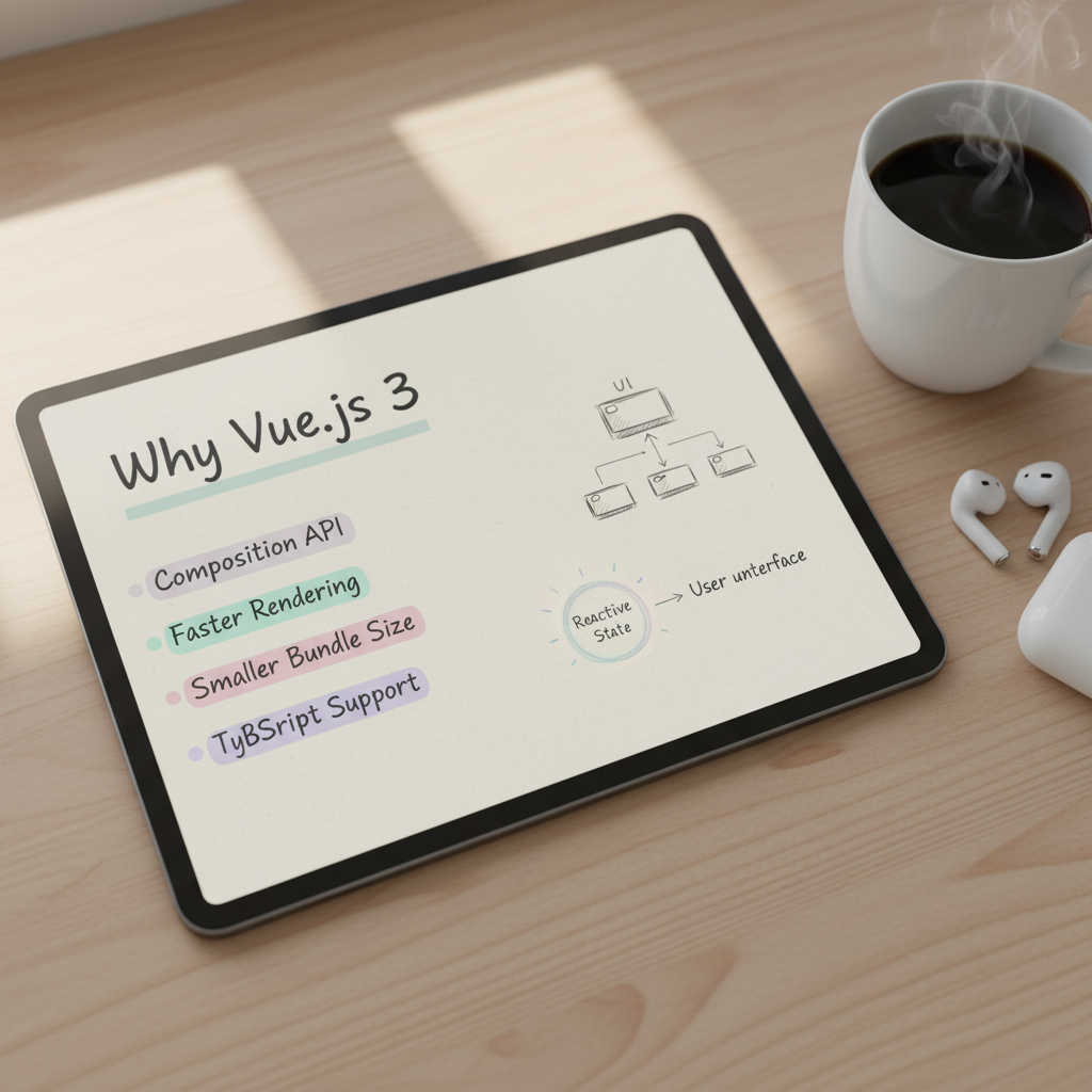 Aesthetic study notes about Why Vue.js 3 on an iPad screen