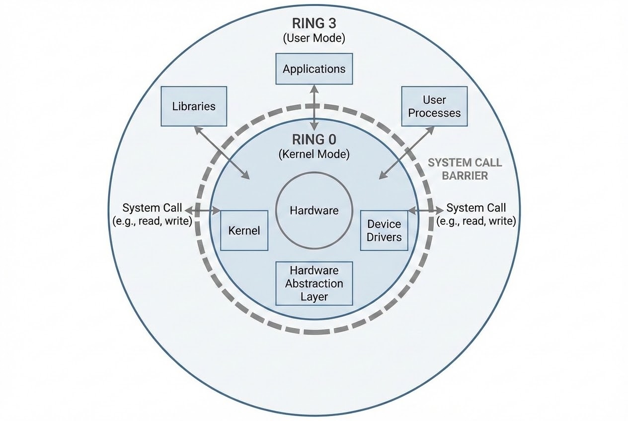 รูปประกอบวงแหวน Privilege Rings และ System Call