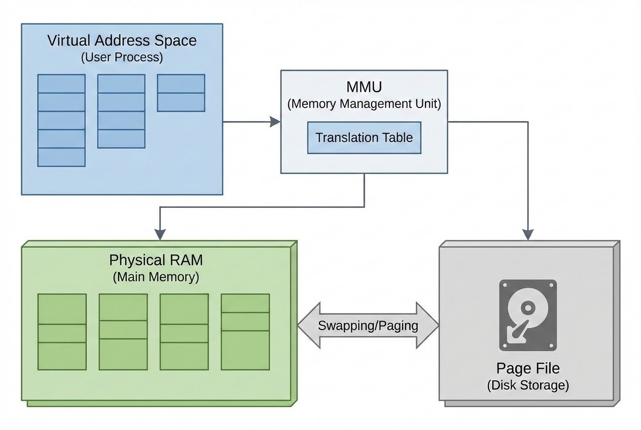 รูปประกอบการทำงานของ Virtual Memory ไปยัง Physical RAM และ Page File
