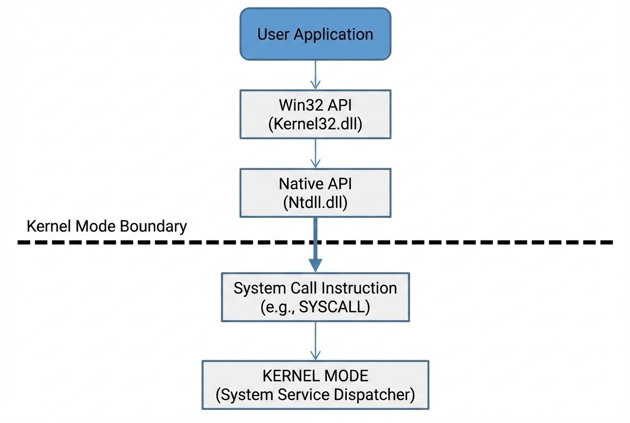 รูปประกอบ Architecture ของ Windows API สู่ Native API