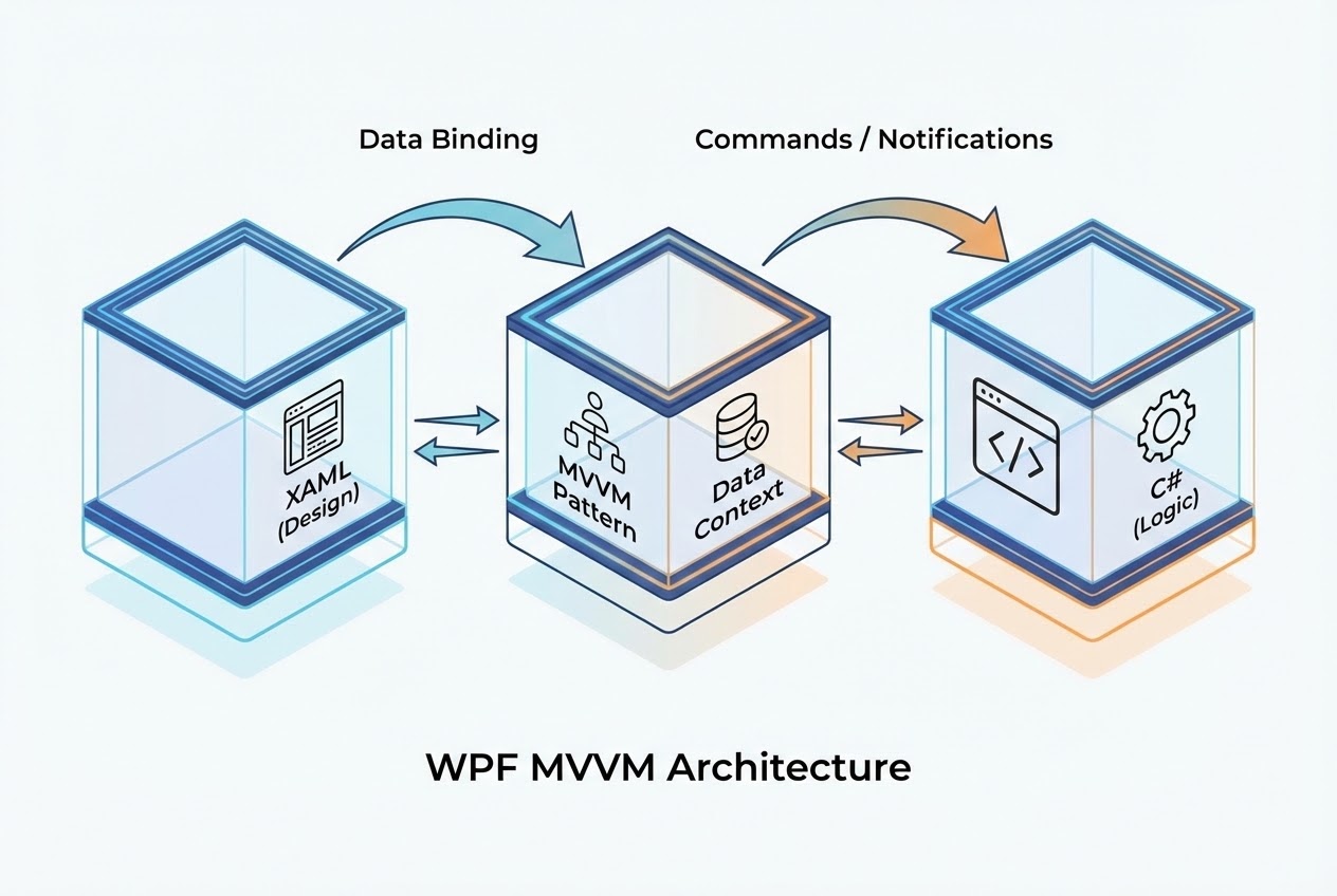 ภาพ System Flow แสดงสถาปัตยกรรม MVVM และการแยกส่วนระหว่าง XAML กับ Code